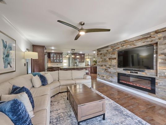Fireplace, Interior, Kitchen, Living room, Pendant Lights, Stone Walls, Wood Texture Flooring