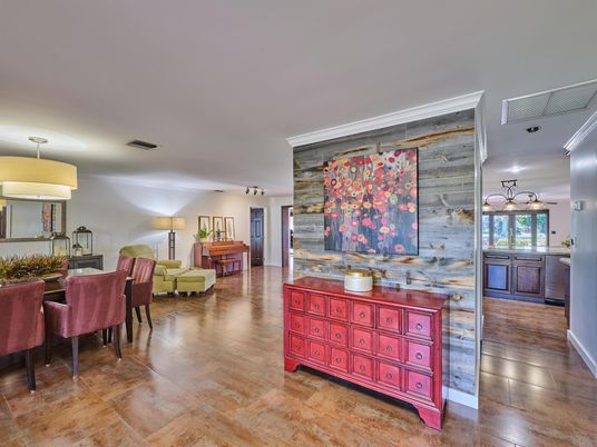 Dining room, Interior, Pendant Lights, Stone Walls, Wood Texture Flooring