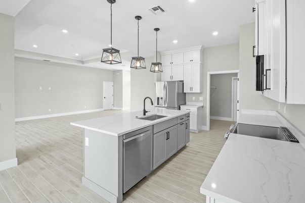 Interior, Kitchen, Pendant Lights, Recessed Lighting, Stainless Steel Appliances, Wood Texture Flooring
