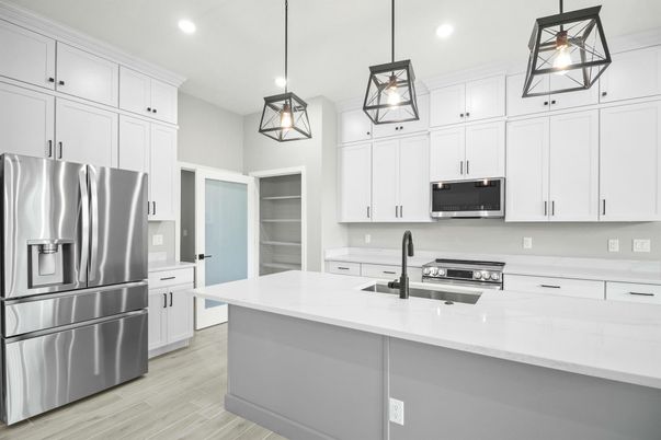 Interior, Kitchen, Pendant Lights, Recessed Lighting, Stainless Steel Appliances, Wood Texture Flooring