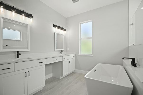 Bathroom, Dual Sink Vanities, Free Standing Baths, Interior, Wood Texture Flooring