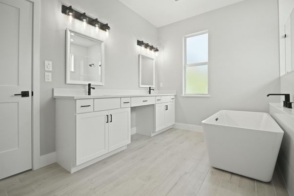Bathroom, Dual Sink Vanities, Free Standing Baths, Interior, Wood Texture Flooring