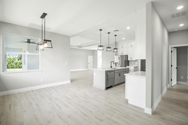 Interior, Kitchen, Pendant Lights, Recessed Lighting, Wood Texture Flooring