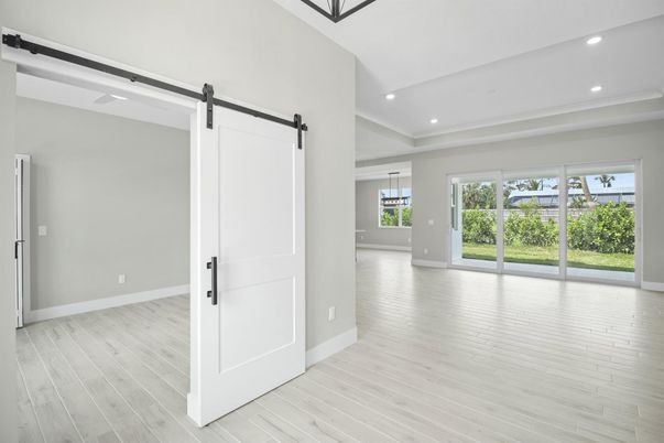 Empty room, Interior, Pendant Lights, Recessed Lighting, Wood Texture Flooring