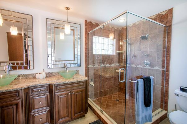 Bathroom, Glass Shower, Interior, Pendant Lights