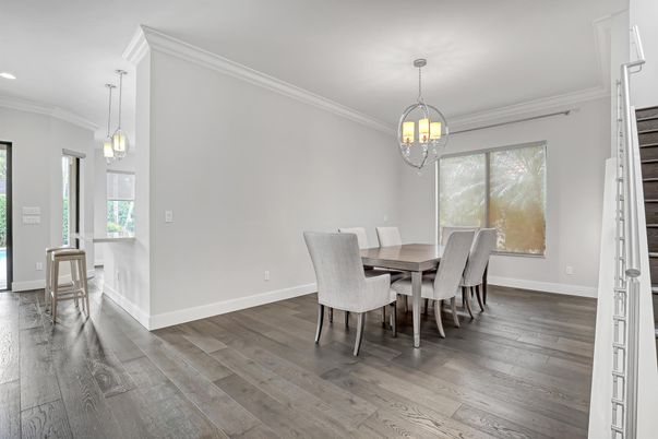 Chandelier, Dining room, Interior, Pendant Lights, Recessed Lighting, Wood Texture Flooring