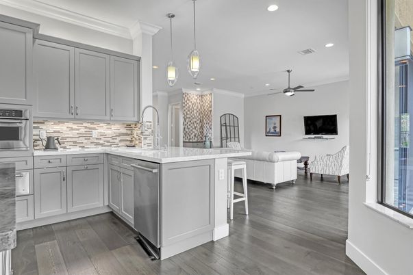Interior, Kitchen, Pendant Lights, Recessed Lighting, Stainless Steel Appliances, Wood Texture Flooring