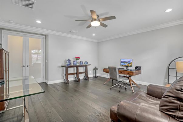 Home Office, Interior, Recessed Lighting, Wood Texture Flooring