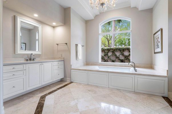Bathroom, Chandelier, Dual Sink Vanities, Interior, Recessed Lighting