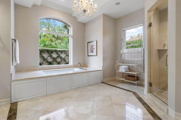 Bathroom, Chandelier, Glass Shower, Interior, Recessed Lighting