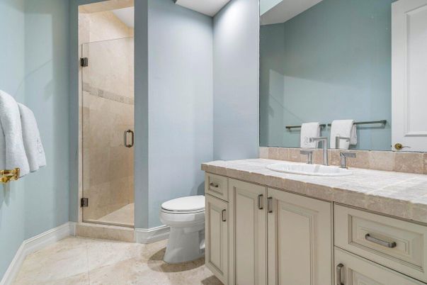 Bathroom, Glass Shower, Interior, Recessed Lighting, Tile Countertops