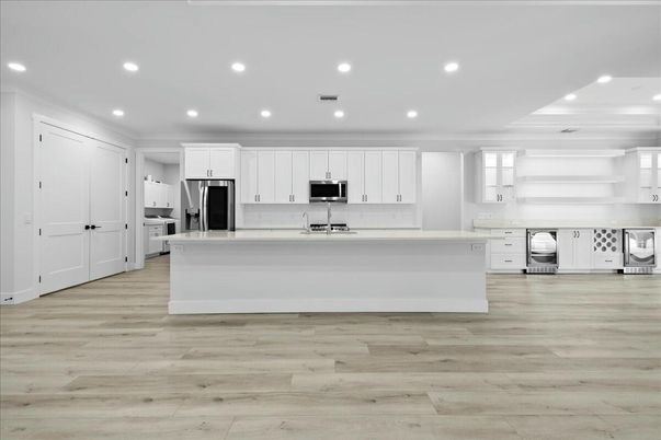 Interior, Kitchen, Recessed Lighting, Stainless Steel Appliances, Wood Texture Flooring