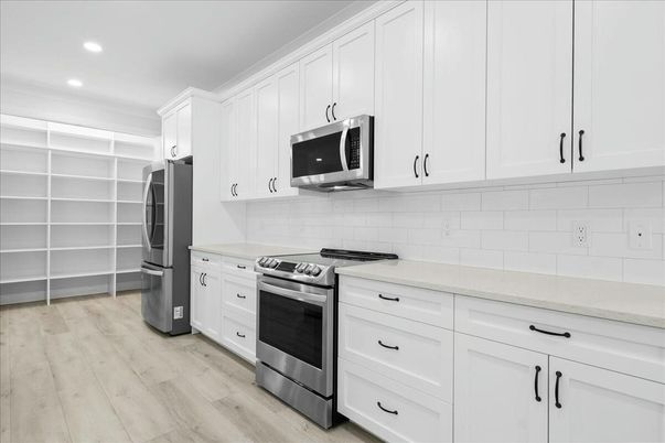 Interior, Kitchen, Recessed Lighting, Stainless Steel Appliances, Wood Texture Flooring