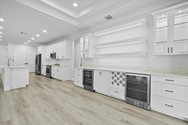 Interior, Kitchen, Recessed Lighting, Stainless Steel Appliances, Wood Texture Flooring