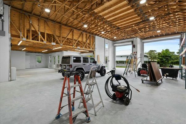 Garage, Interior, Recessed Lighting, Wooden Beams