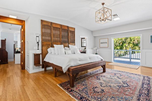 Bedroom, Interior, Pendant Lights, Wood Texture Flooring