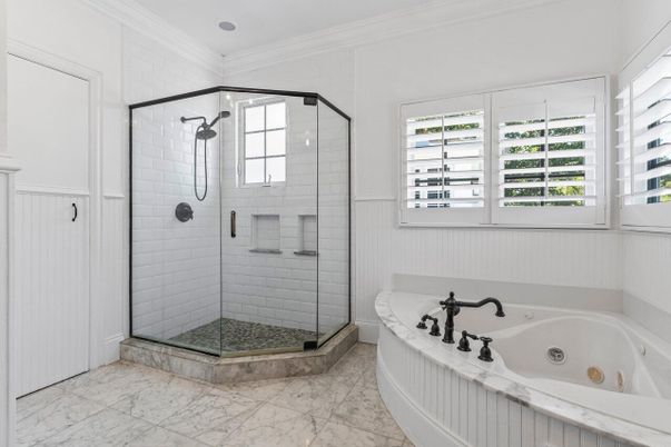 Bathroom, Glass Shower, Interior, Marble, Recessed Lighting