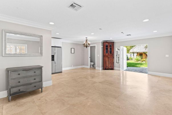 Chandelier, Empty room, Interior, Kitchen, Recessed Lighting, Stainless Steel Appliances