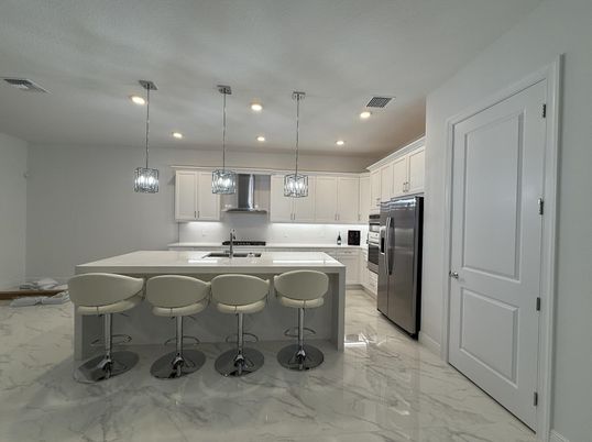 Interior, Kitchen, Marble, Pendant Lights, Recessed Lighting, Stainless Steel Appliances
