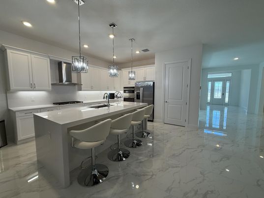 Interior, Kitchen, Marble, Pendant Lights, Recessed Lighting, Stainless Steel Appliances