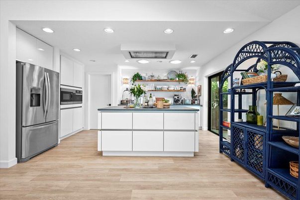 Interior, Kitchen, Recessed Lighting, Stainless Steel Appliances, Wood Texture Flooring