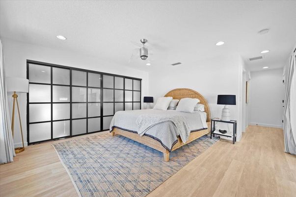 Bedroom, Interior, Recessed Lighting, Wood Texture Flooring