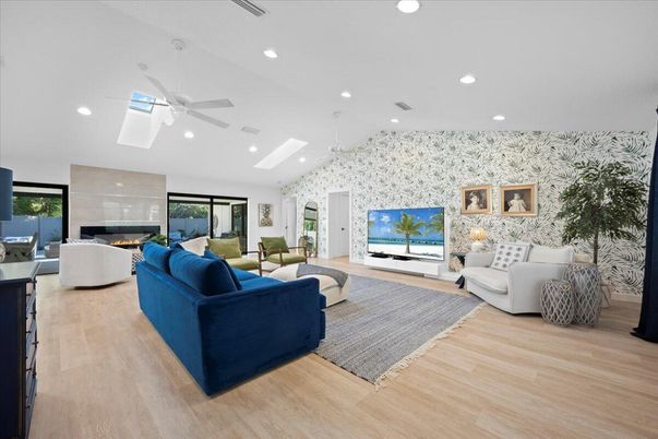 Fireplace, Interior, Living room, Recessed Lighting, Wood Texture Flooring