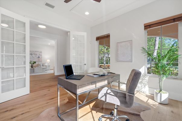 Home Office, Interior, Recessed Lighting, Wood Texture Flooring