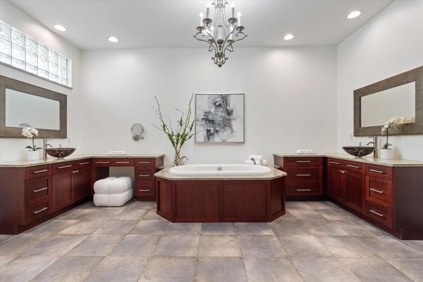 Bathroom, Chandelier, Dual Sink Vanities, Interior, Recessed Lighting