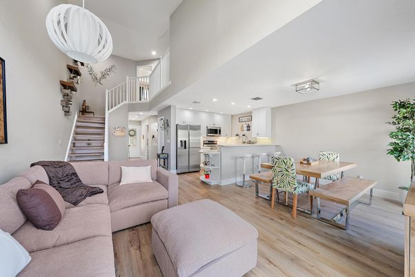 Dining room, Interior, Kitchen, Living room, Recessed Lighting, Stainless Steel Appliances, Wood Texture Flooring