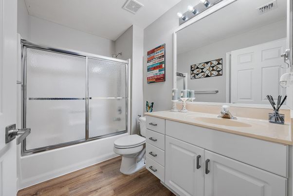 Bathroom, Glass Shower, Interior, Wood Texture Flooring