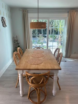 Dining room, Interior, Pendant Lights, Wood Texture Flooring