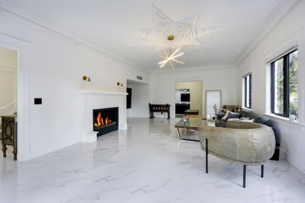 Fireplace, Interior, Living room, Marble, Pendant Lights