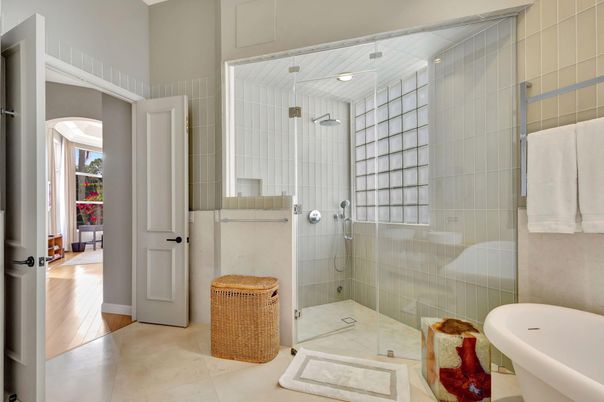 Bathroom, Glass Shower, Interior, Wood Texture Flooring
