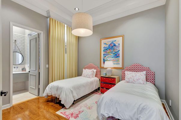 Bedroom, Interior, Pendant Lights, Recessed Lighting, Wood Texture Flooring