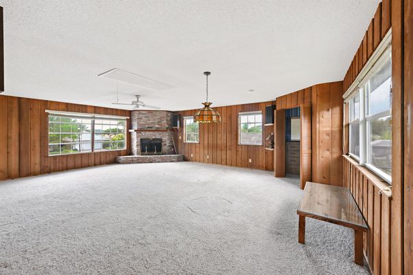 Empty room, Fireplace, Interior, Pendant Lights, Wooden Walls