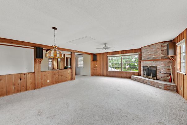 Empty room, Fireplace, Interior, Pendant Lights, Stone Walls, Wooden Walls