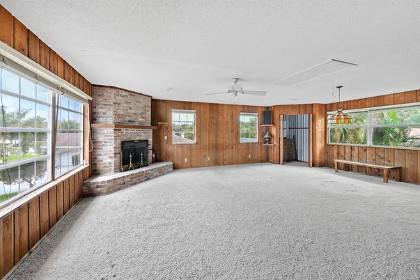 Empty room, Fireplace, Interior, Pendant Lights, Stone Walls, Wooden Walls