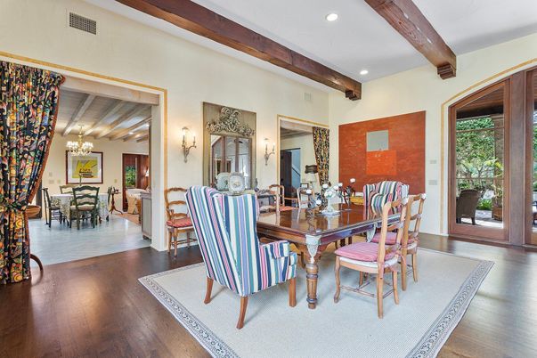 Chandelier, Dining room, Interior, Recessed Lighting, Wooden Beams, Wood Texture Flooring