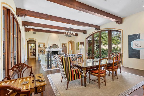 Chandelier, Dining room, Fireplace, Interior, Living room, Wooden Beams, Wood Texture Flooring