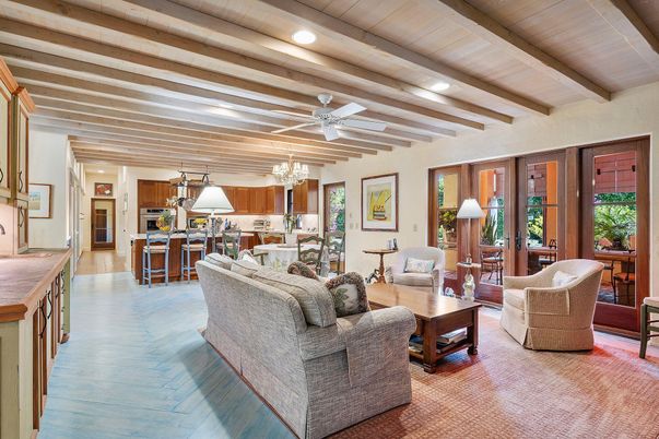 Chandelier, Dining room, Interior, Kitchen, Living room, Recessed Lighting, Wooden Beams, Wooden Ceilings, Wood Texture Flooring