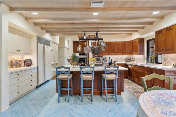 Interior, Kitchen, Recessed Lighting, Stainless Steel Appliances, Wooden Beams, Wooden Ceilings, Wood Texture Flooring