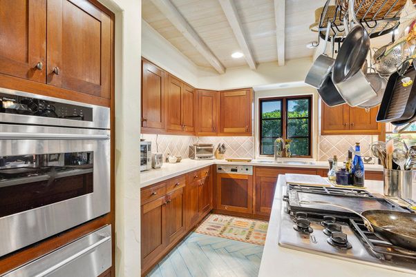 Interior, Kitchen, Recessed Lighting, Stainless Steel Appliances, Wooden Ceilings, Wood Texture Flooring