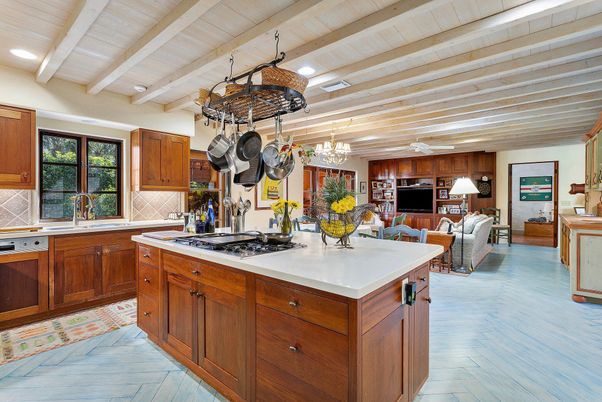 Chandelier, Interior, Kitchen, Living room, Recessed Lighting, Stainless Steel Appliances, Wooden Ceilings, Wood Texture Flooring