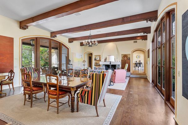 Chandelier, Dining room, Interior, Recessed Lighting, Wooden Beams