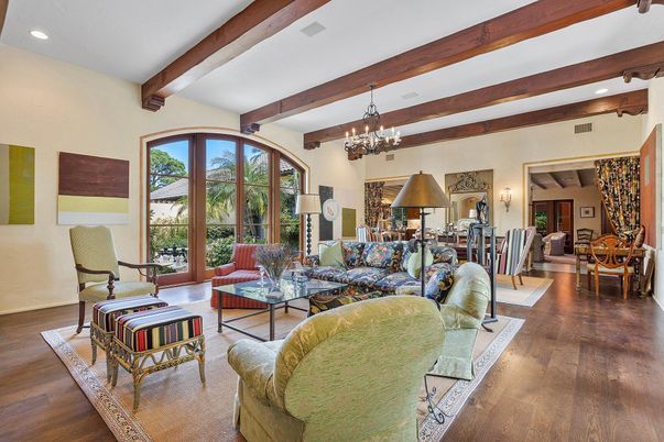 Chandelier, Interior, Living room, Recessed Lighting, Wooden Beams, Wood Texture Flooring