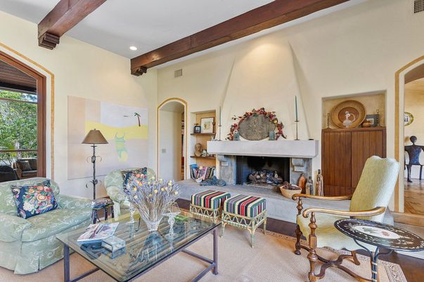 Fireplace, Interior, Living room, Recessed Lighting, Wooden Beams, Wood Texture Flooring