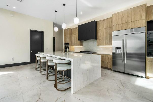 Interior, Kitchen, Marble, Pendant Lights, Recessed Lighting, Stainless Steel Appliances