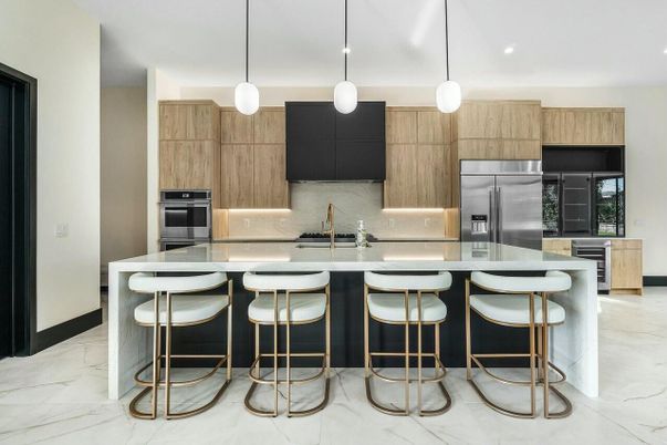 Interior, Kitchen, Marble, Pendant Lights, Recessed Lighting, Stainless Steel Appliances