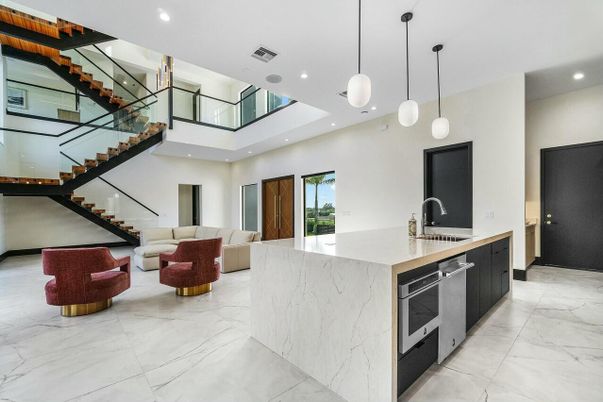 Interior, Kitchen, Living room, Marble, Pendant Lights, Recessed Lighting
